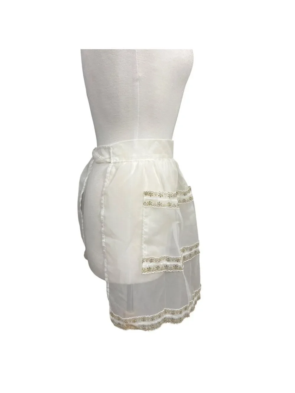 Vintage Handmade Apron One Size White with Gold Trim